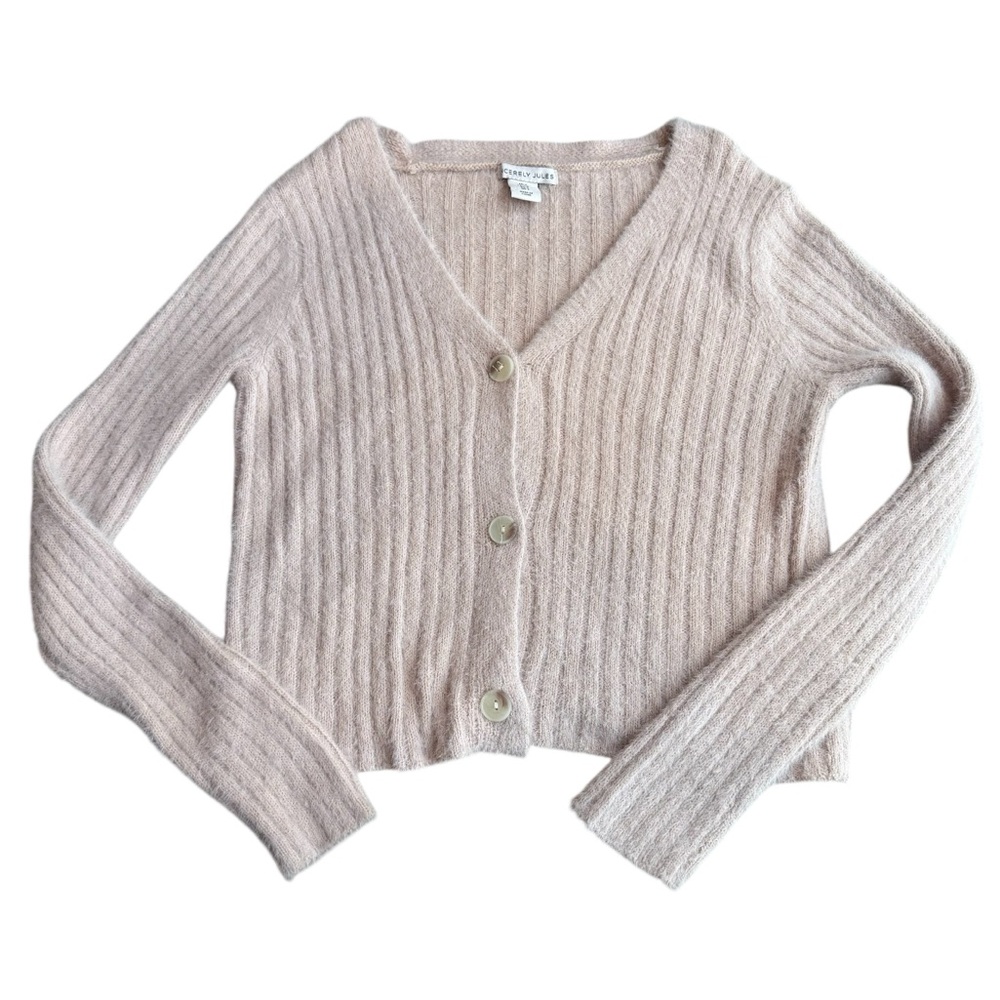 Sincerely Jules Size S Fuzzy Crop Cardigan Sweater Blush Pink Preppy Ribbed